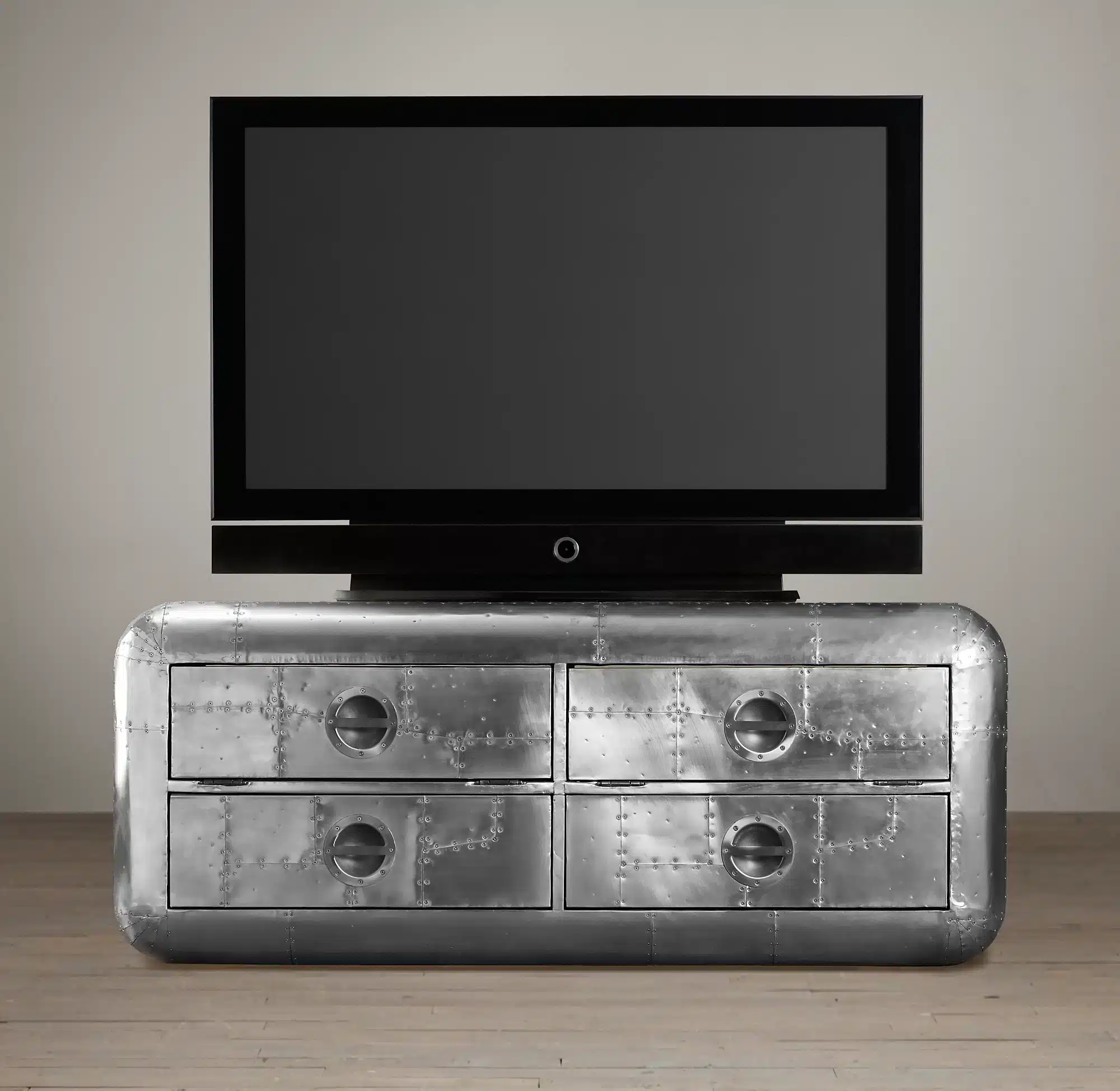 An aluminium Aviator tv cabinet inspired by two different military aircraft, melded together in one cool design.